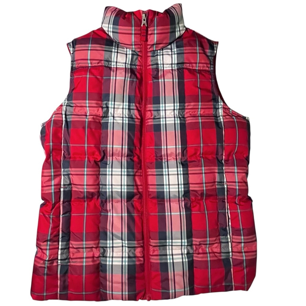Lands’ End Down Puffer Vest Tartan Plaid Red Navy White Sz 10 / 12
